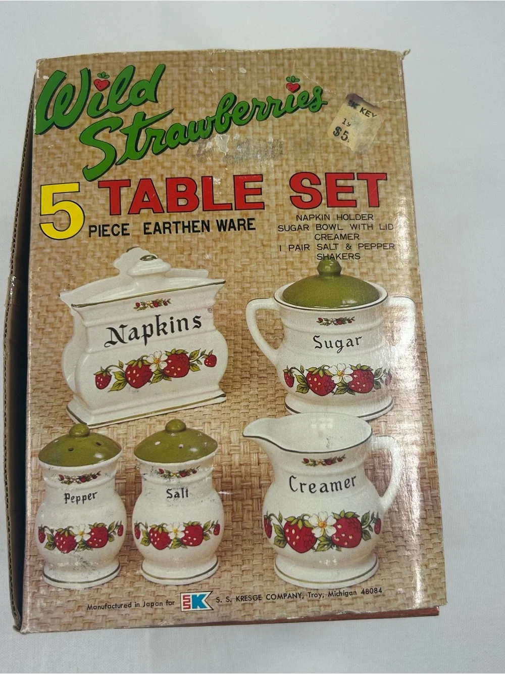 NOS Vtg 70s Wild Strawberries 5-Pc Table Set Ceramic Japan Kmart Cottagecore NIB